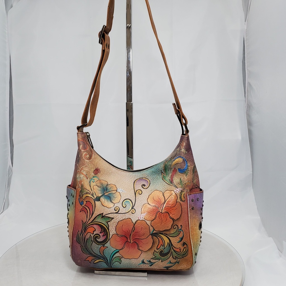 Anuschka Hand Painted Floral Multicolor Leather Studded Hobo Shoulder Bag 19043